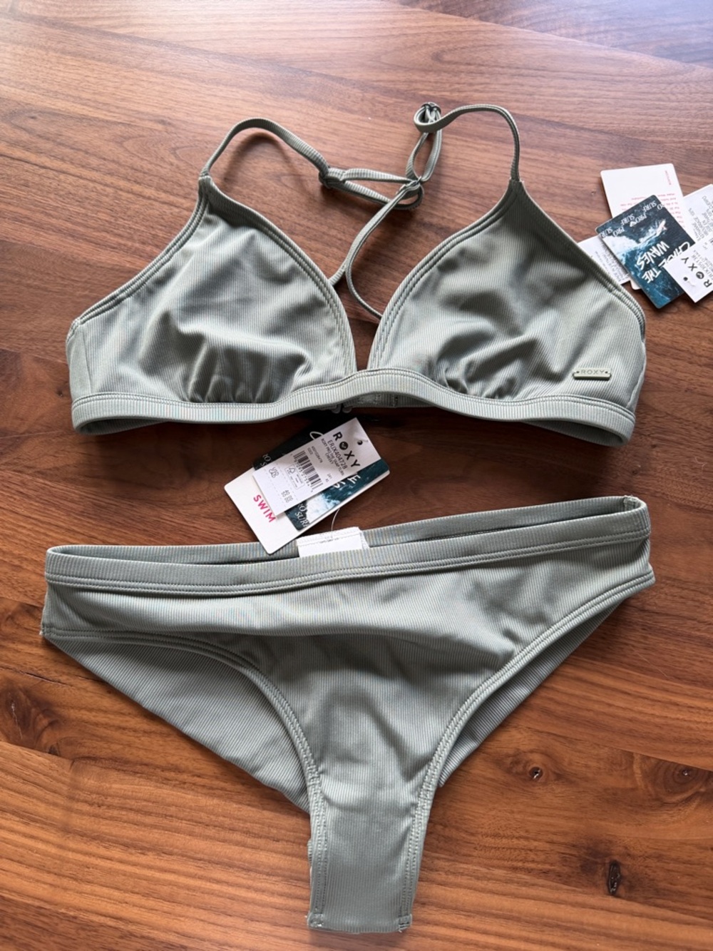 Roxy Women's Sage-Grey Ribbed Triangle Bikini Set